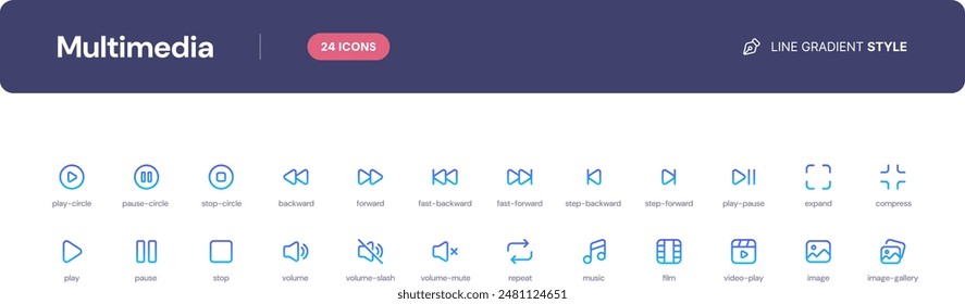 Conjunto de iconos multimedia. Iconos esenciales de la interfaz de usuario establecidos en estilo degradado de línea. El conjunto consta de iconos esenciales y de uso común que todo diseñador de interfaz de usuario necesita.