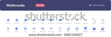 Multimedia icon set. Essential UI Icons Set in Duotone Style. The set consists of essential and commonly-used icons that every UI designer needs.