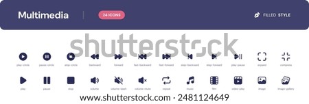 Multimedia icon set. Essential UI Icons Set in Filled Style. The set consists of essential and commonly-used icons that every UI designer needs.