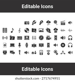 Video Conjunto de iconos multimedia con símbolos de entretenimiento, música, audio y tecnología en un estilo de silueta negra
