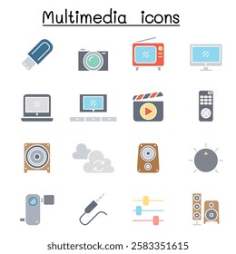 Multimedia icon set  in flat color style