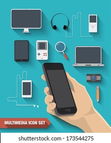 Multimedia icon set, hand holding a phone. Vector illustration