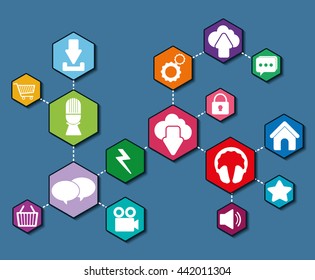Multimedia icon set. Hexagon shape. vector graphic