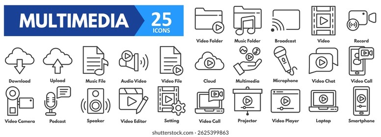 Multimedia icon set. with icons of video folder, music folder, broadcast, video, record, download, upload, music file, audio, file, cloud, multimedia, microphone, chat, video call