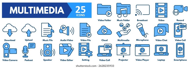 Multimedia icon set. with icons of video folder, music folder, broadcast, video, record, download, upload, music file, audio, file, cloud, multimedia, microphone, chat, video call