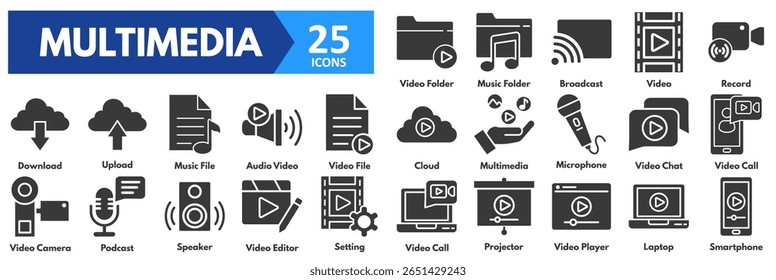 Conjunto de ícones multimídia. com ícones de pasta de vídeo, pasta de música, difusão, vídeo, gravar, carregar, carregar, arquivo de música, áudio, arquivo, nuvem, multimídia, microfone, chat, chamada de vídeo