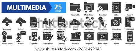 Multimedia icon set. with icons of video folder, music folder, broadcast, video, record, download, upload, music file, audio, file, cloud, multimedia, microphone, chat, video call