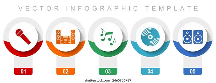 Multimedia icon set, miscellaneous vector icons such as microphone, stereo equipment, vinyl and speakers, modern design infographic template, web buttons in 5 color options