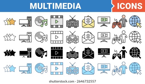 Multimedia icon set with multiple style collection.