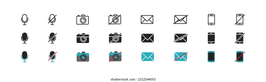 Conjunto de iconos multimedia. Teléfono, correo, micrófono, señales de cámara. Símbolo de asignación. Ilustración vectorial.