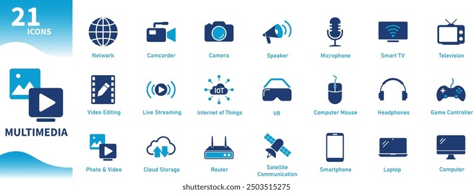 Icono multimedia. Conjunto de medios sociales, tecnología de la información, entretenimiento, iconos de Internet. Iconos sólidos del vector.