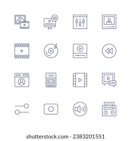 Multimedia icon set. Thin line icon. Editable stroke. Containing video, cd player, tape recorder, rec button, movie player, profile, settings, play, volume, picture, blogger, previous, stereo.
