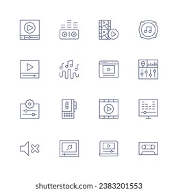Multimedia icon set. Thin line icon. Editable stroke. Containing sound waves, music wave, tape recorder, music video, video file, video player, settings, mute, interface, play, sound.