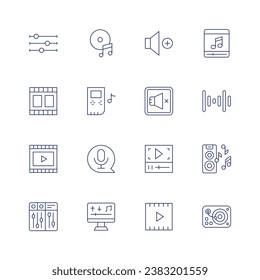 Multimedia icon set. Thin line icon. Editable stroke. Containing compact disc, bit, microphone, sound editing, settings, frame, film, sound mixer, volume, mute, video player, browser, audio waves.