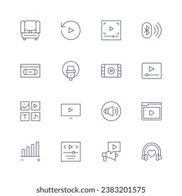 Multimedia icon set. Thin line icon. Editable stroke. Containing replay, microphone, video, player, home theater, vhs, media, volume, video player, speaker, megaphone, bluetooth, headphones.