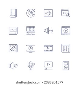 Multimedia icon set. Thin line icon. Editable stroke. Containing dj music, video edition, play, audio, movie, audio player, cd, volume, control, sound, video player, streaming, mixer, music player.