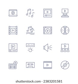 Multimedia icon set. Thin line icon. Editable stroke. Containing music note, melody, volume, cassette, play, video, vhs, video player, speaker, watching, vinyl, cd.