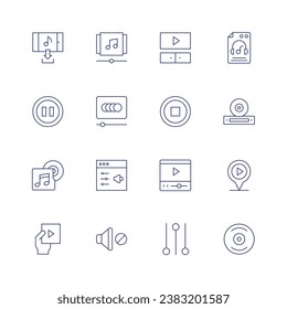 Multimedia icon set. Thin line icon. Editable stroke. Containing playlist, animate, settings, mute, download, pause, music album, movie, video, stop, video player, setting, poster, player, location.