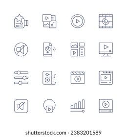 Multimedia icon set. Thin line icon. Editable stroke. Containing movie, video player, video, movies app, mute, settings, play, volume, content management, multimedia, sound, instagram live, speaker.