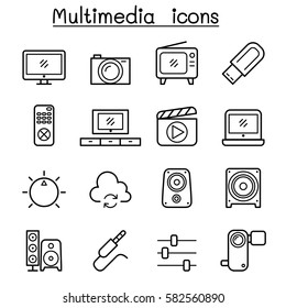 Multimedia icon set in thin line style