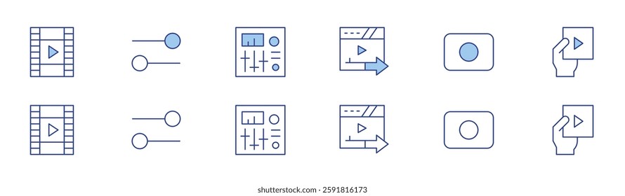 Multimedia icon set in two styles, Duotone and Thin Line style. Editable stroke. send, rec button, movie, video file, settings, sound mixer.