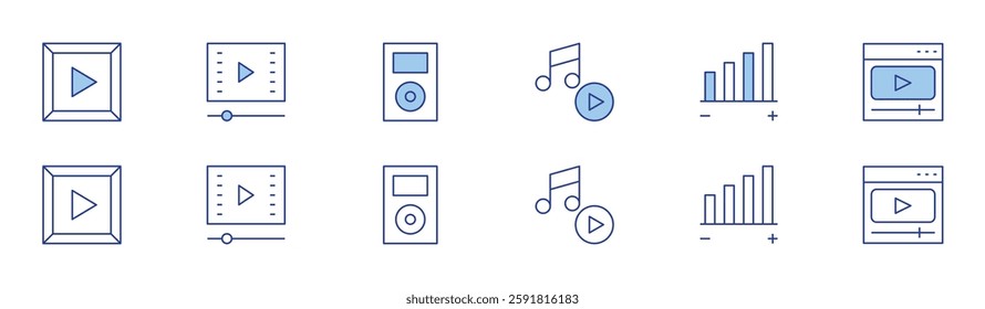 Multimedia icon set in two styles, Duotone and Thin Line style. Editable stroke. play button, music, volume, video clip, video player, music player.