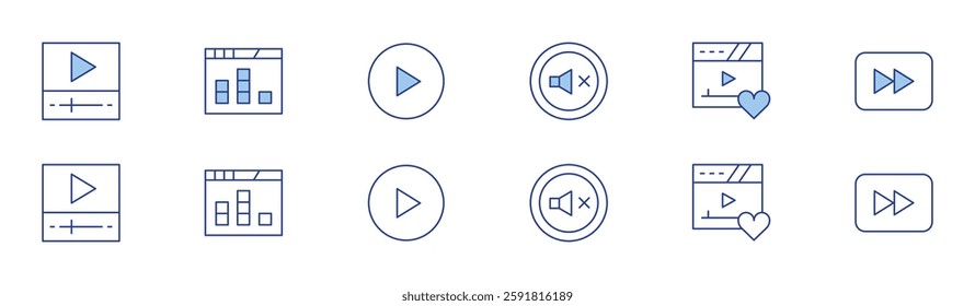 Multimedia icon set in two styles, Duotone and Thin Line style. Editable stroke. mute, video player, favourite, sound bars, play, forward.