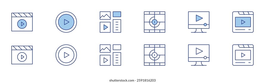 Multimedia icon set in two styles, Duotone and Thin Line style. Editable stroke. movie, video player, video, play, content management.