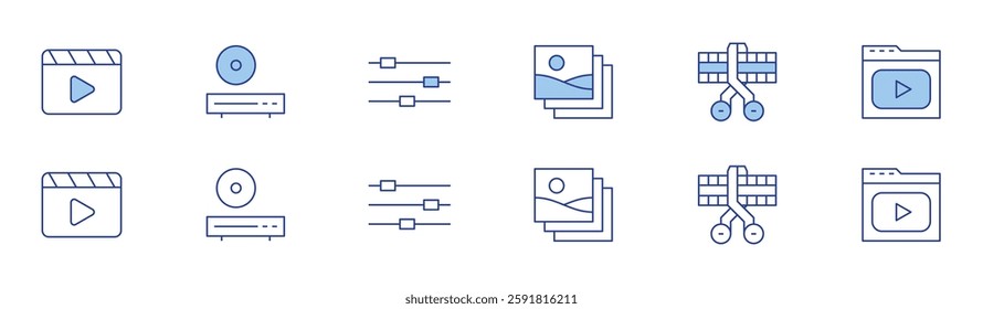 Multimedia icon set in two styles, Duotone and Thin Line style. Editable stroke. gallery, reels, editing, dvd player, settings, video player.