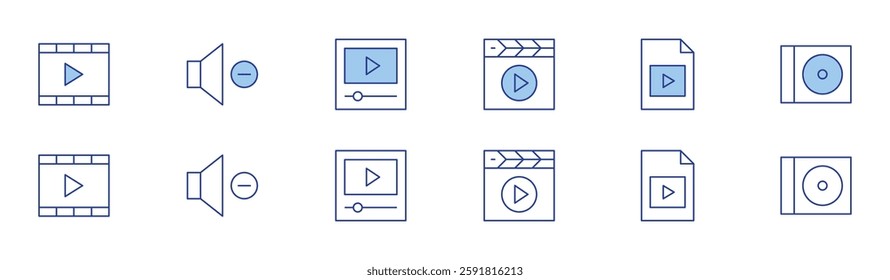Multimedia icon set in two styles, Duotone and Thin Line style. Editable stroke. media, video file, cd, video, volume.
