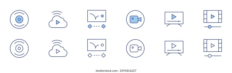 Multimedia icon set in two styles, Duotone and Thin Line style. Editable stroke. disk, streaming, animation, video editing app, tv monitor, video player.