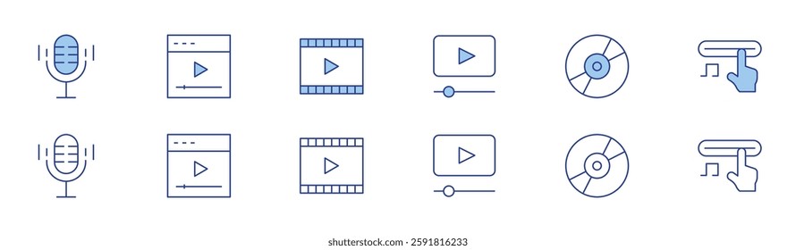 Multimedia icon set in two styles, Duotone and Thin Line style. Editable stroke. audio, video, video player, cd, button.