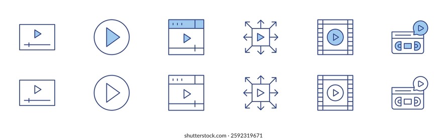 Multimedia icon set in two styles, Duotone and Thin Line style. Editable stroke. viral, clip, vhs, play, video player.