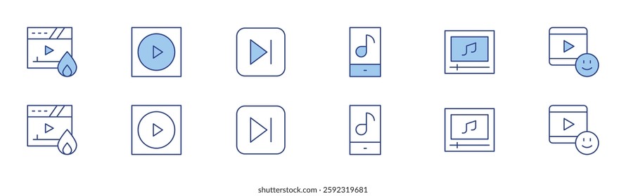 Multimedia icon set in two styles, Duotone and Thin Line style. Editable stroke. trending video, music app, music video, play button, video, last.