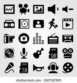 Multimedia icon set vector. analytics, video camera, movie player and cassette