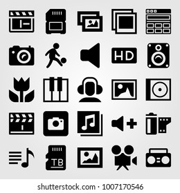 Multimedia icon set vector. boombox, volume, memory and playlist