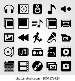 Multimedia icon set vector. cassette, speaker, compact disc and man