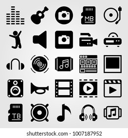 Multimedia icon set vector. compact disk, playlist, photo and memory