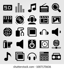 Multimedia icon set vector. film roll, sd card, internet and picture