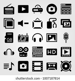 Multimedia icon set vector. frame, cassette, memory and sd card