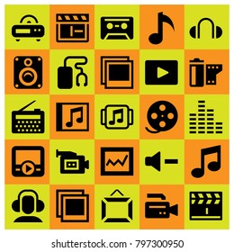Multimedia icon set vector. headphones, radio, sound bars and frame