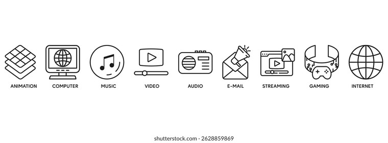 Multimedia icon set vector illustration concept relate to animation, computer, music, video, audio, e-mail, streaming, gaming and internet