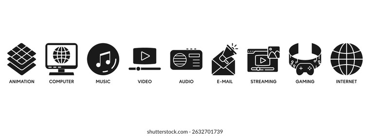 Multimedia icon set vector illustration concept relate to animation, computer, music, video, audio, e-mail, streaming, gaming and internet