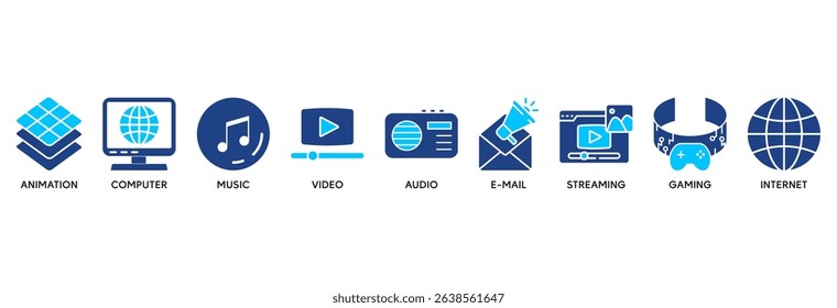 Multimedia icon set vector illustration concept relate to animation, computer, music, video, audio, e-mail, streaming, gaming and internet