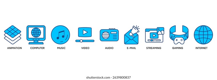 Multimedia icon set vector illustration concept relate to animation, computer, music, video, audio, e-mail, streaming, gaming and internet