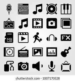 Multimedia icon set vector. keyboard, movie player, memory and guitar