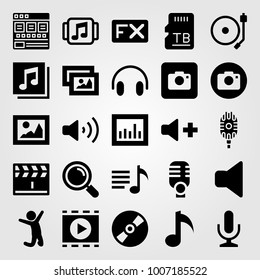 Multimedia icon set vector. loupe, music player, quaver and playlist