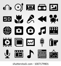 Multimedia icon set vector. macro, turntable, browser and film roll