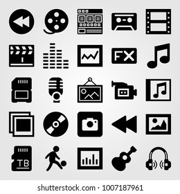 Multimedia icon set vector. man, musical note, sd card and analytics