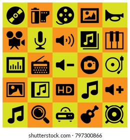 Multimedia icon set vector. microphone, hd, film roll and mic